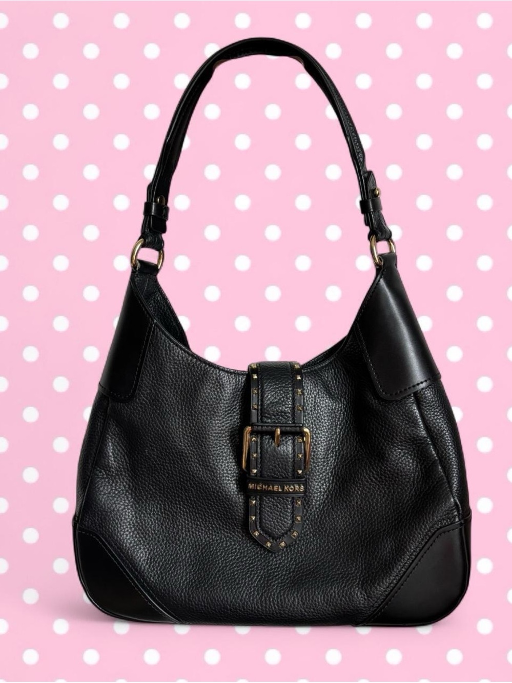Michael Kors Black Leather Shoulder Bag with Gold Buckle